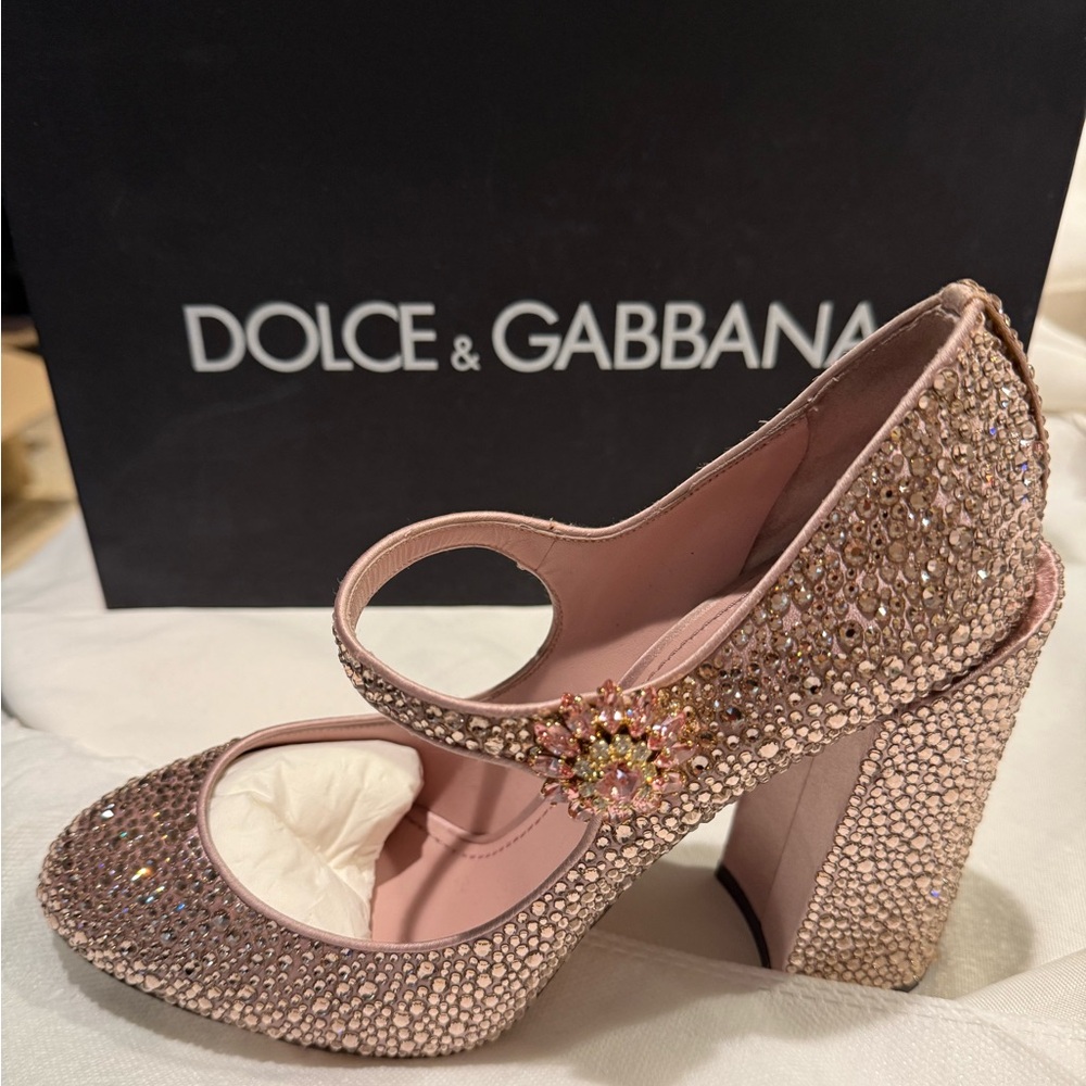 NIB Dolce Gabbana Mary Jane Rose Gold Pink Embellished Rhinestone In Box 9 39 - Picture 1 of 7